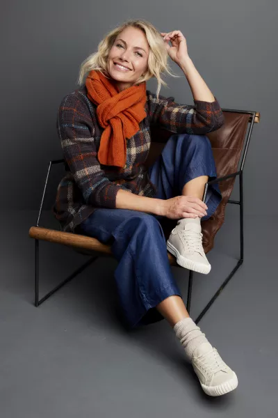 Damart Check Coatigan; Tencel Wide-Leg Trousers; Burnt Orange Alpaca Blend Scarf