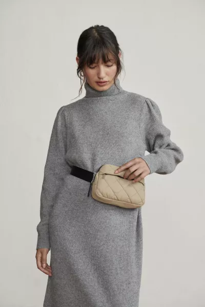 John Lewis & Partners Anyday Funnel Neck Knit Jumper Dress Grey; Quilted Belt Bum Bag Taupe