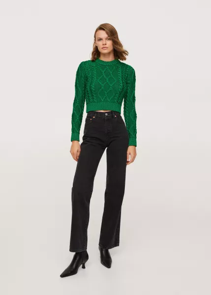 Mango Green Metallic-Knit Sweater, £49.99; High Waist Straight Jeans; Pointed Heel Ankle Boot