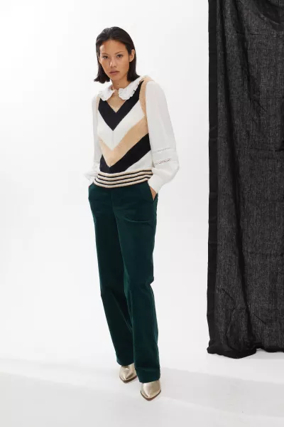 Oliver Bonas All Over Chevron Stripe Brown Knitted Vest Top; Lace Detail & Frill Collar White Shirt; Corduroy Green Wide Leg Trousers; Metallic Gold Leather Western Ankle Boots