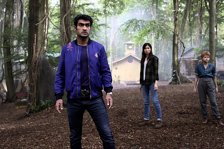 Kumail Nanjiani as Kingo, Gemma Chan as Sersi and Lia McHugh as Sprite in Eternals, directed by Chloe Zhao (PA/Marvel Studios/Sophie Mutevelian)