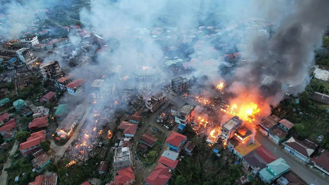 Fires burn in the town of Thantlang, Myanmar 