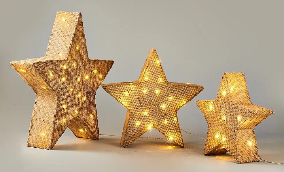 Set of 3 Pre-Lit Hessian Effect Star Lights