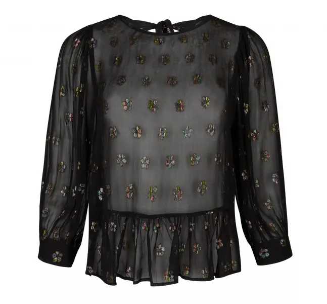 Oliver Bonas Metallic Floral Jacquard & Tie Back Black Blouse