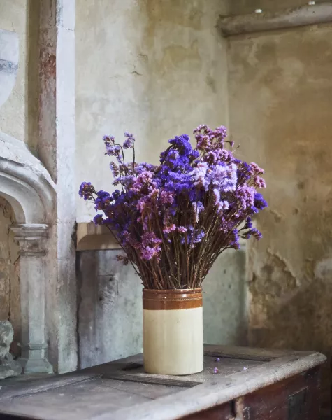 Earthenware vase with purple and mauve dried flowers