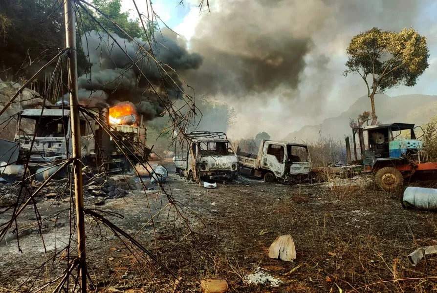 Destroyed vehicles in Hpruso township, Kayah state, Myanmar 