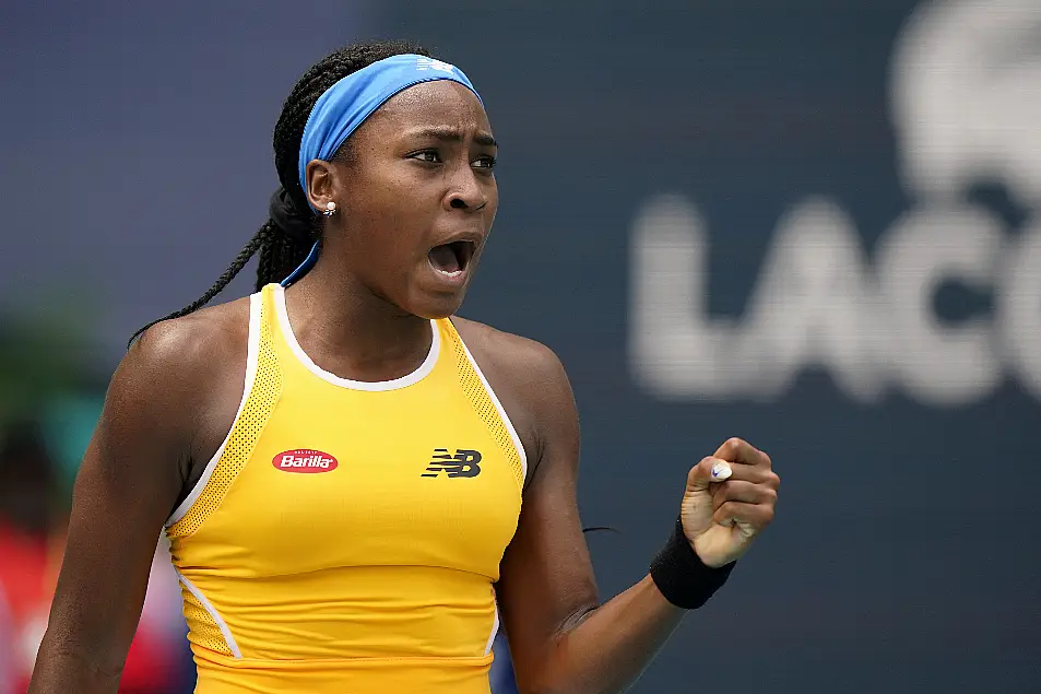 Coco Gauff celebrates a point against Wang Qiang of China, during the Miami Open tennis tournament on Friday (Wilfredo Lee/AP)