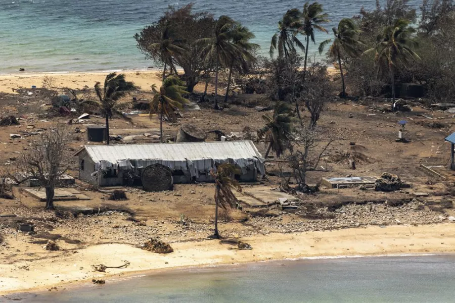 Debris from damaged building and trees are strewn around on Atata Island in Tonga following the eruption of an underwater volcano and subsequent tsunami 