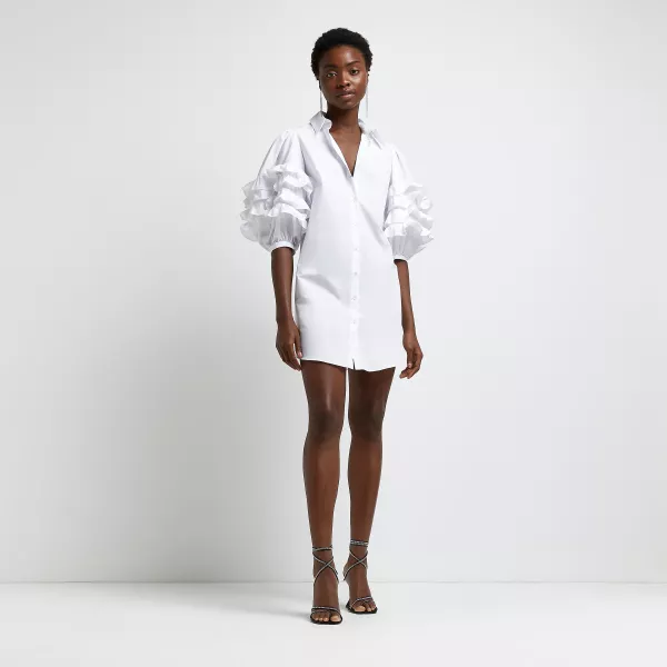 River Island White Ruffled Mini Shirt Dress; Black Diamante Strappy Heels