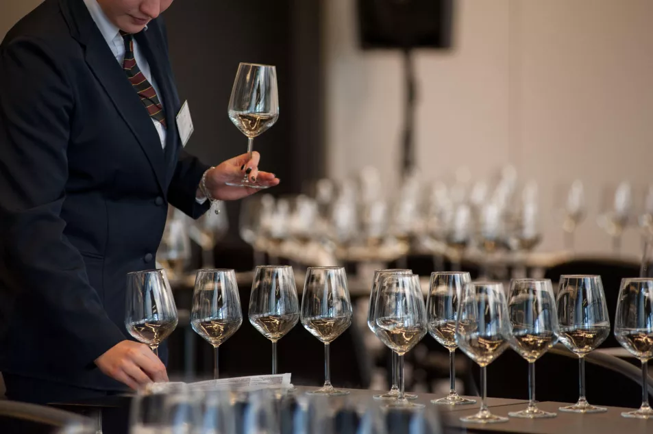 Waitress setting table for wine tasting