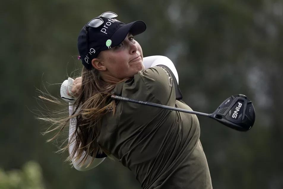 Jennifer Kupcho hits from the sixth tee during the final round of the LPGA Chevron Championship golf tournament Sunday, April 3, 2022, in Rancho Mirage, Calif. 