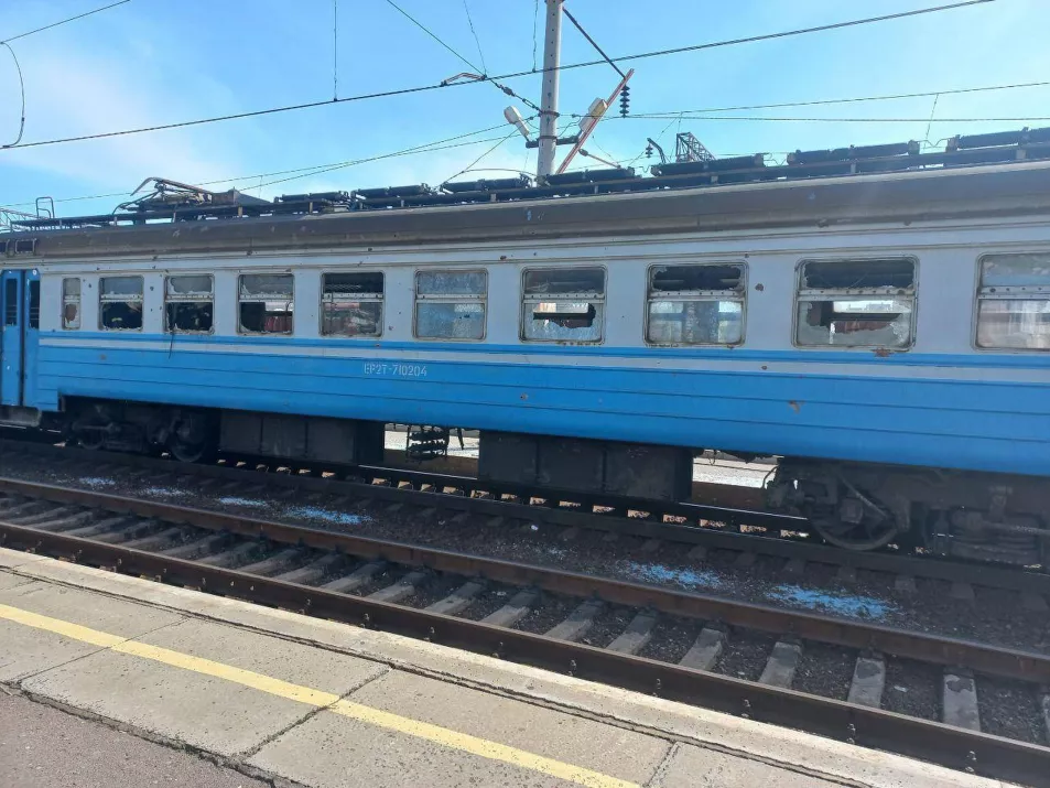 A damaged train at the station in Kramatorsk