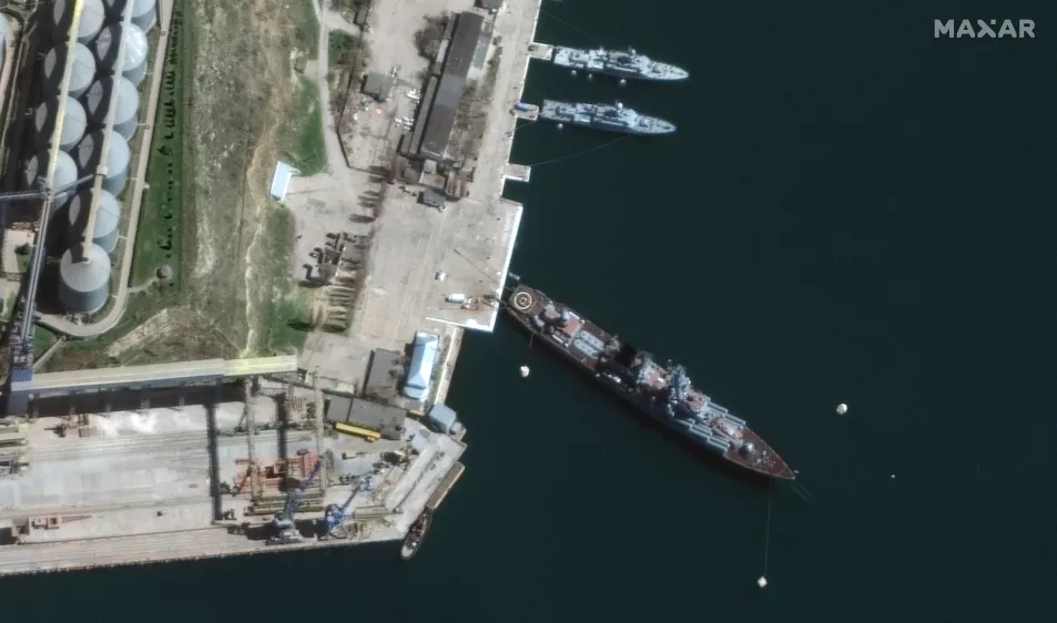 This satellite image provided by Maxar Technologies shows cruiser Moskva in port Sevastopol in Crimea on April 7 2022