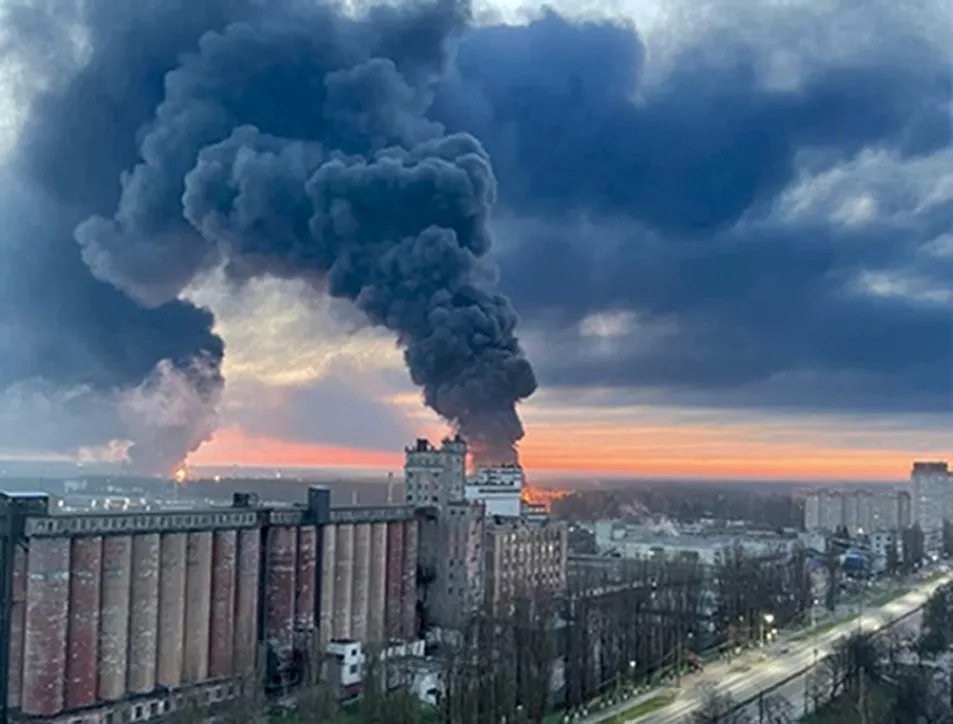 Smoke rises from oil storage facilities hit by fire in Bryansk, Russia 