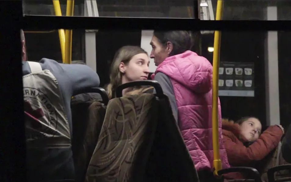 Civil evacuees sit in a bus in an area controlled by Russian-backed separatist forces in Bezimenne, about 20 kilometres (12 miles) east of Mariupol, eastern Ukraine