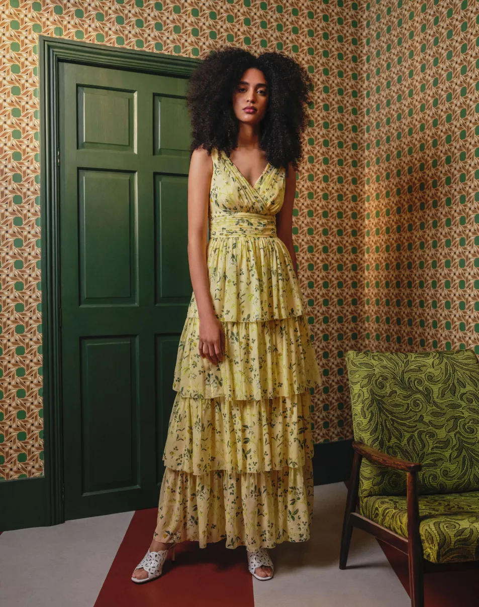 L K Bennett Bower Yellow Silk Blossom Print Maxi Dress
