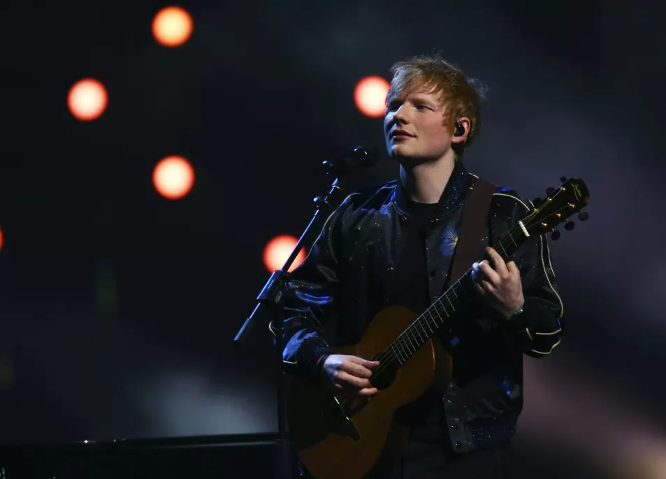 Ed Sheeran performs on stage at the Brit Awards 2022 in London Tuesday, Feb 8, 2022