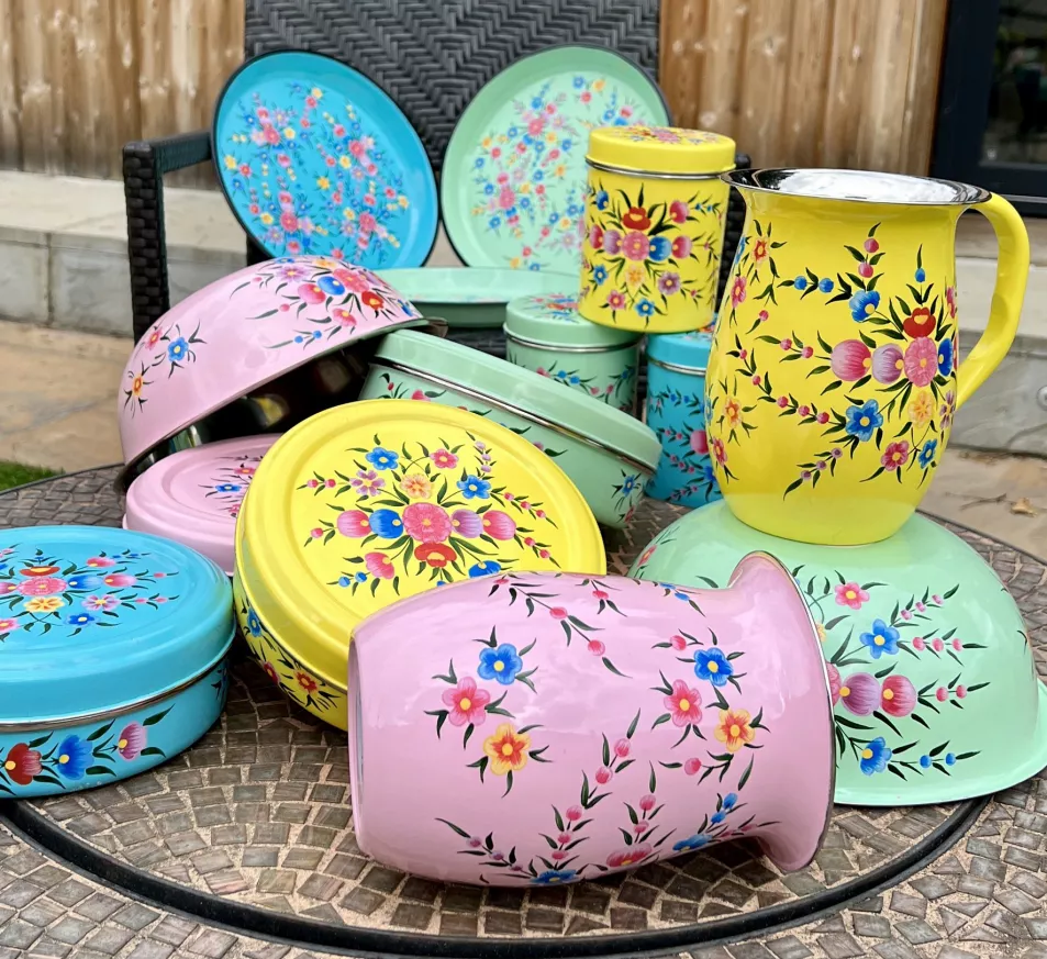Jaipur Handpainted Stainless Steel Jugs in Candy Pink and Sunshine Yellow, Large Storage Tins in Candy Pink, Sunshine yellow and Azure Blue, rest of items from a selection, Min & Mich