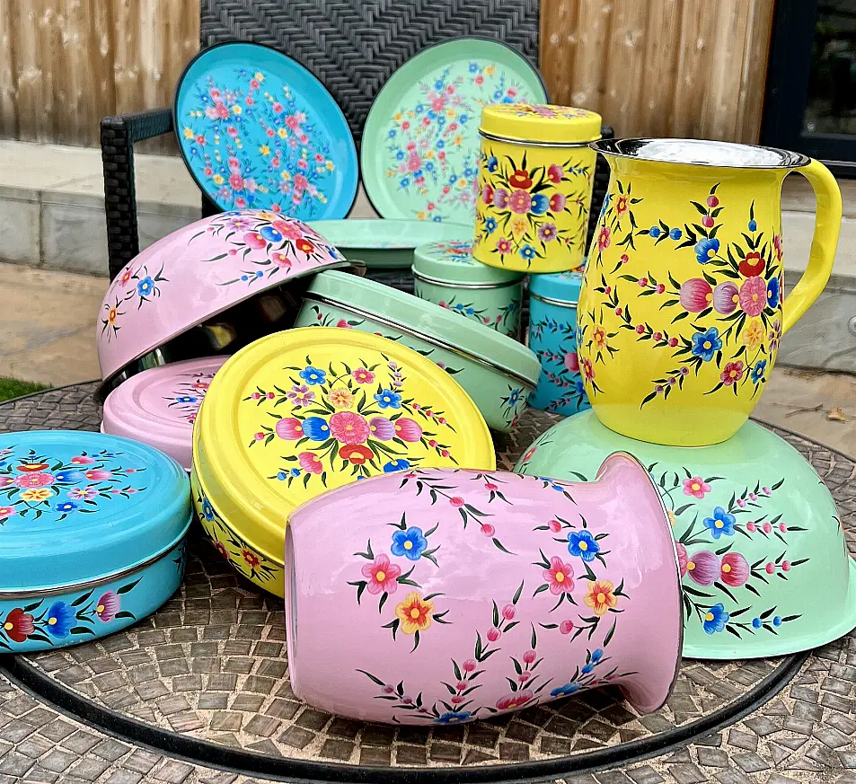 Jaipur Handpainted Stainless Steel Jugs in Candy Pink and Sunshine Yellow, Large Storage Tins in Candy Pink, Sunshine yellow and Azure Blue, rest of items from a selection, Min & Mich