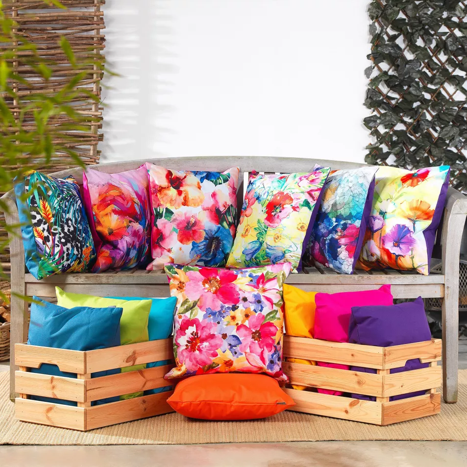 Floral Outdoor Cushions: Veeva Floral Watercolour Print Outdoor Cushion (Centre Bottom), Painterly Floral Outdoor Cushion, (Centre Right), others from a selection, Bean Bag Bazaar