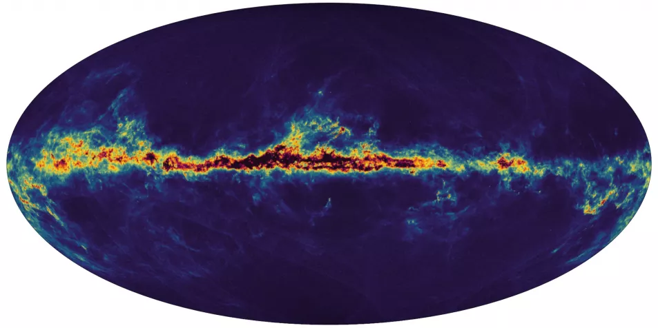 The interstellar dust that fills the Milky Way. The dark regions in the centre of the Galactic plane in black are the regions with a lot of interstellar dust fading to the yellow as the amount of dust decreases. The dark blue regions above and below the Galactic plane are regions where there is little dust