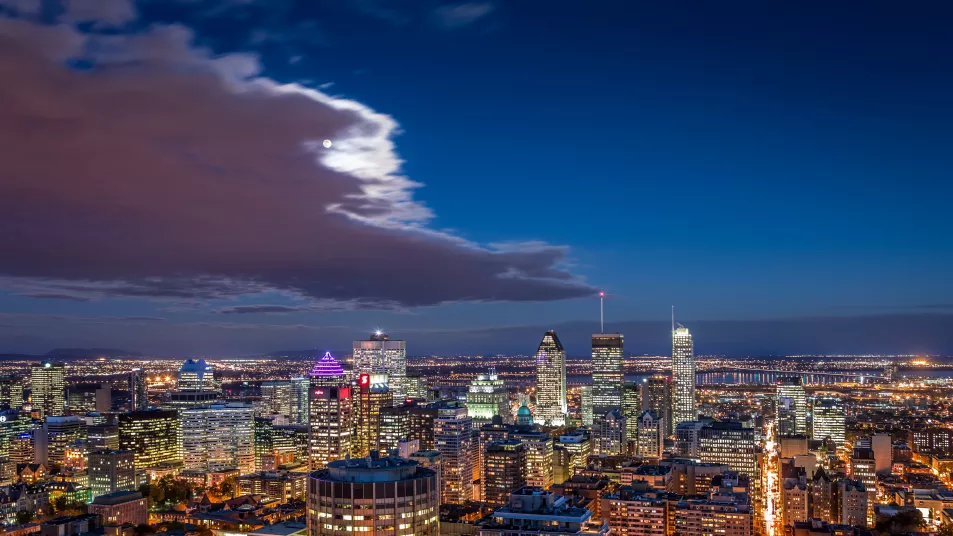 Aerial view of the Montreal skyline at night