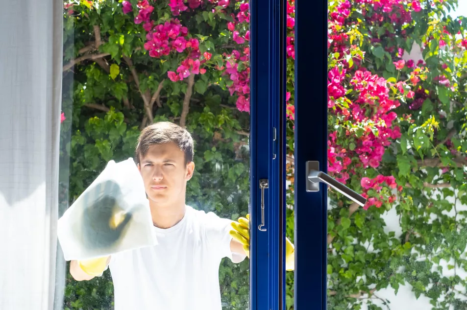 Man cleaning windows in summer