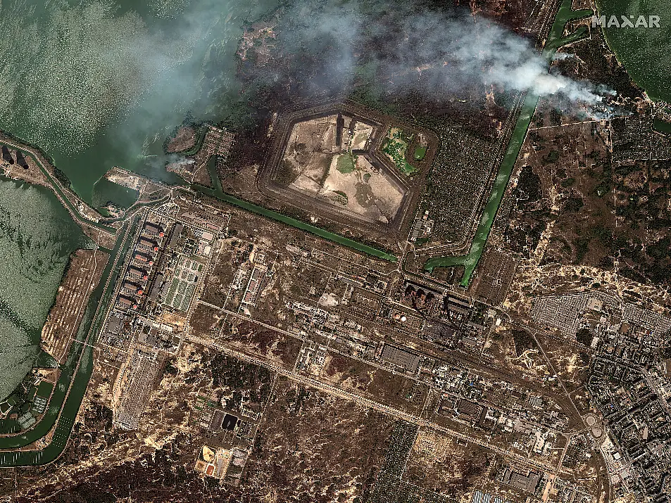 Bush fires outside the main power plant facilities at the Zaporizhzhia nuclear plant in Russian-occupied Ukraine