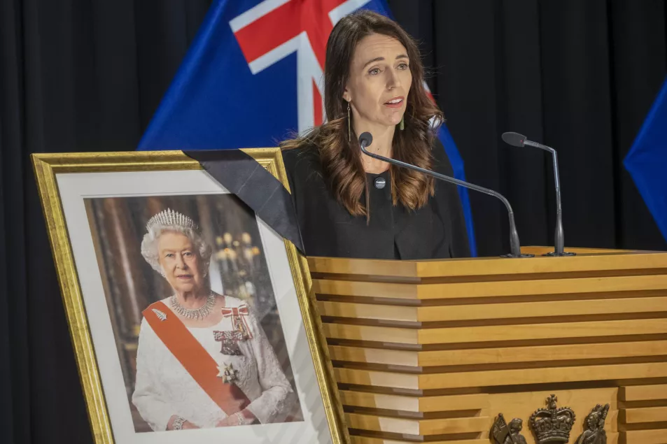New Zealand's Prime Minister Jacinda Ardern addresses a press conference after news of the passing of Queen Elizabeth II at the Beehive in Wellington, New Zealand