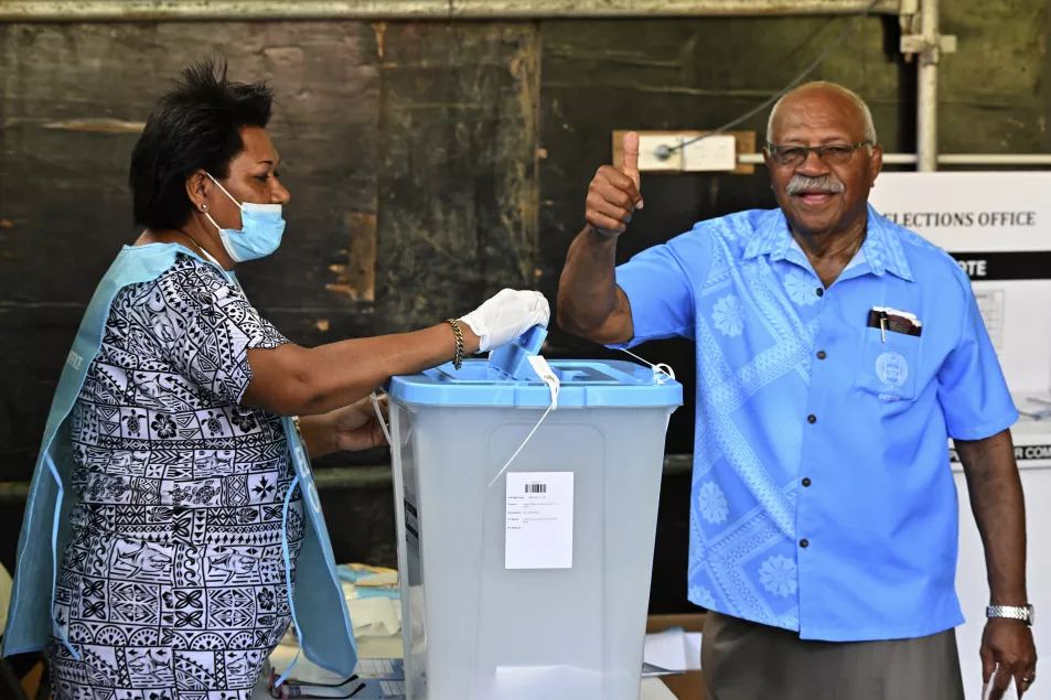 People's Alliance Party leader Sitiveni Rabuka votes