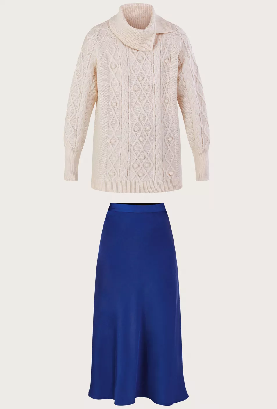 Monsoon Cable Split Neck Bobble Jumper with Recycled Polyester Ivory; Amy Satin Skirt in Recycled Polyester Blue