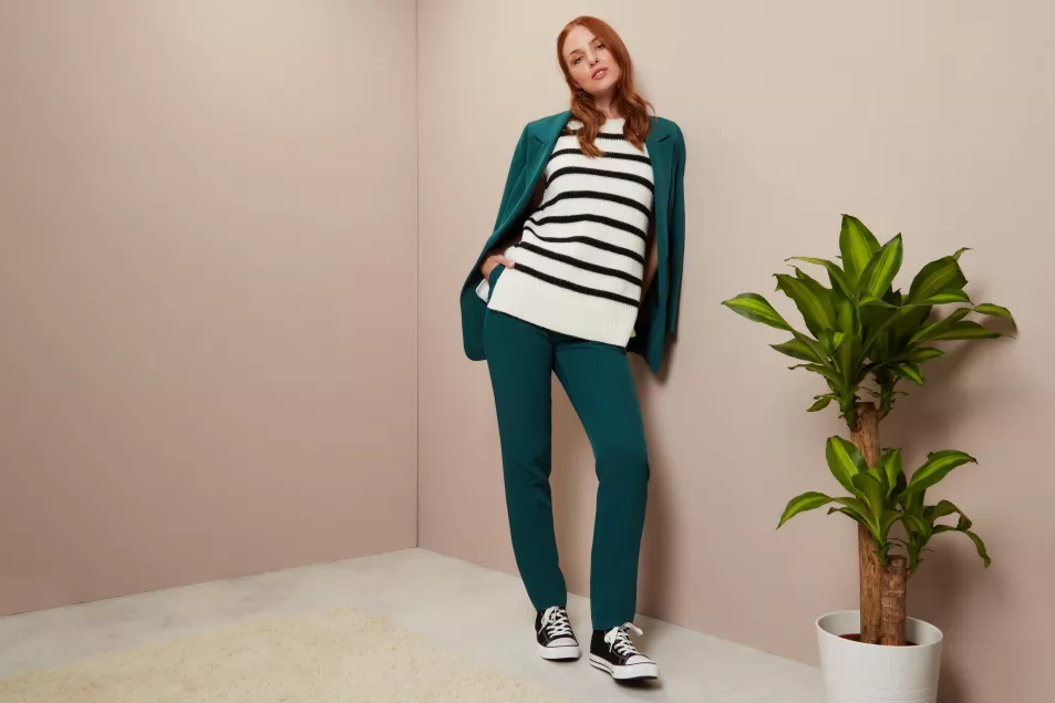 M&Co Green Smart Blazer Co-Ord; White Tipped Stripe Jumper; Green Smart Tapered Trousers Co-Ord
