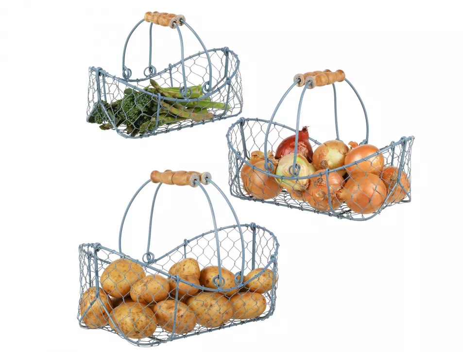 Set of 3 Dusk Blue Wire Kitchen Storage Baskets, Dibor