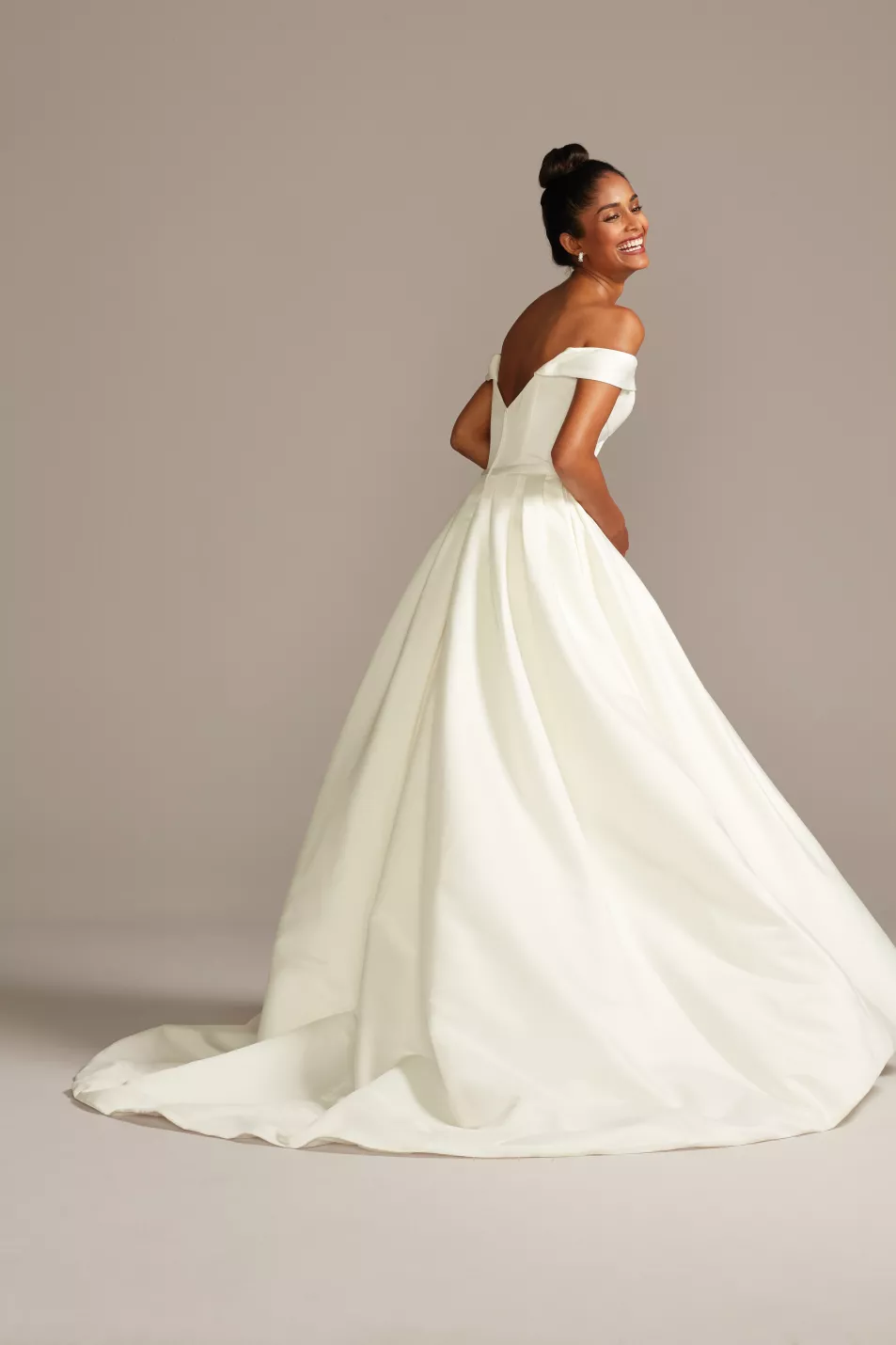 David's Bridal Off Shoulder Satin Gown Wedding Dress