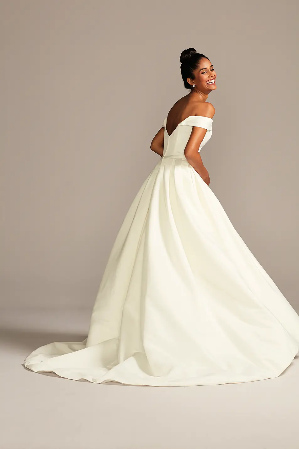 David's Bridal Off Shoulder Satin Gown Wedding Dress