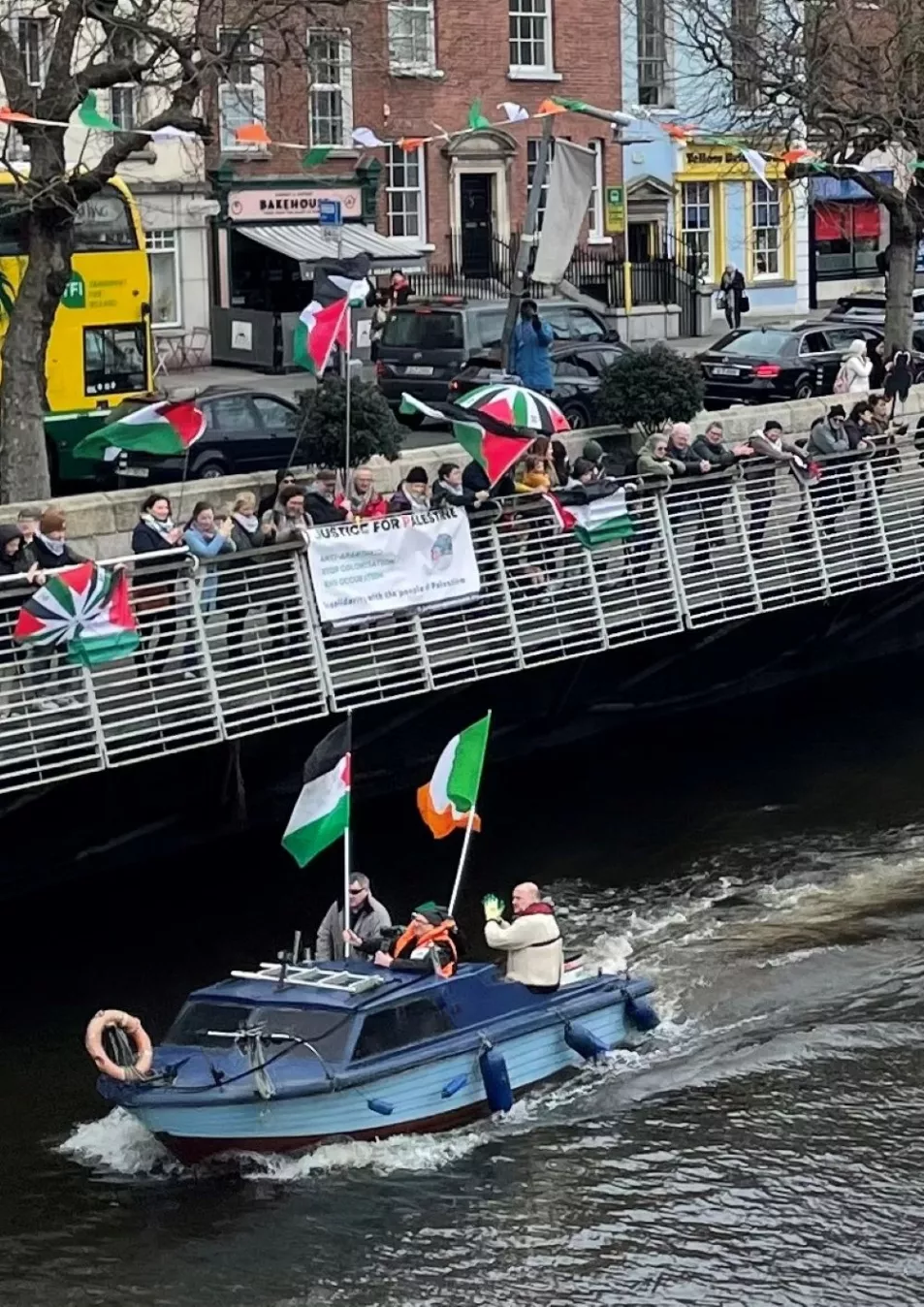 The demonstration around the Ha’Penny Bridge on Dublin’s River Liffey