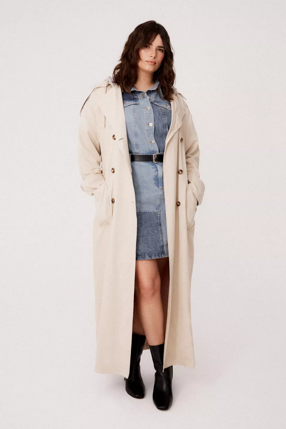 Simply Be Neutral Linen Trench with Jersey Hood