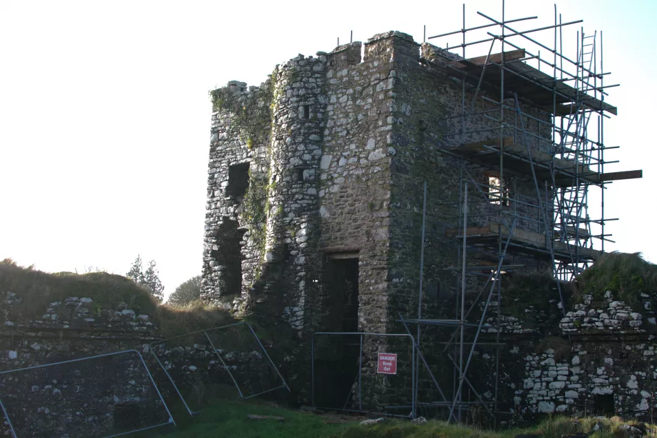 Scaffolding on the face of the Moygara Castle tower following restoration work