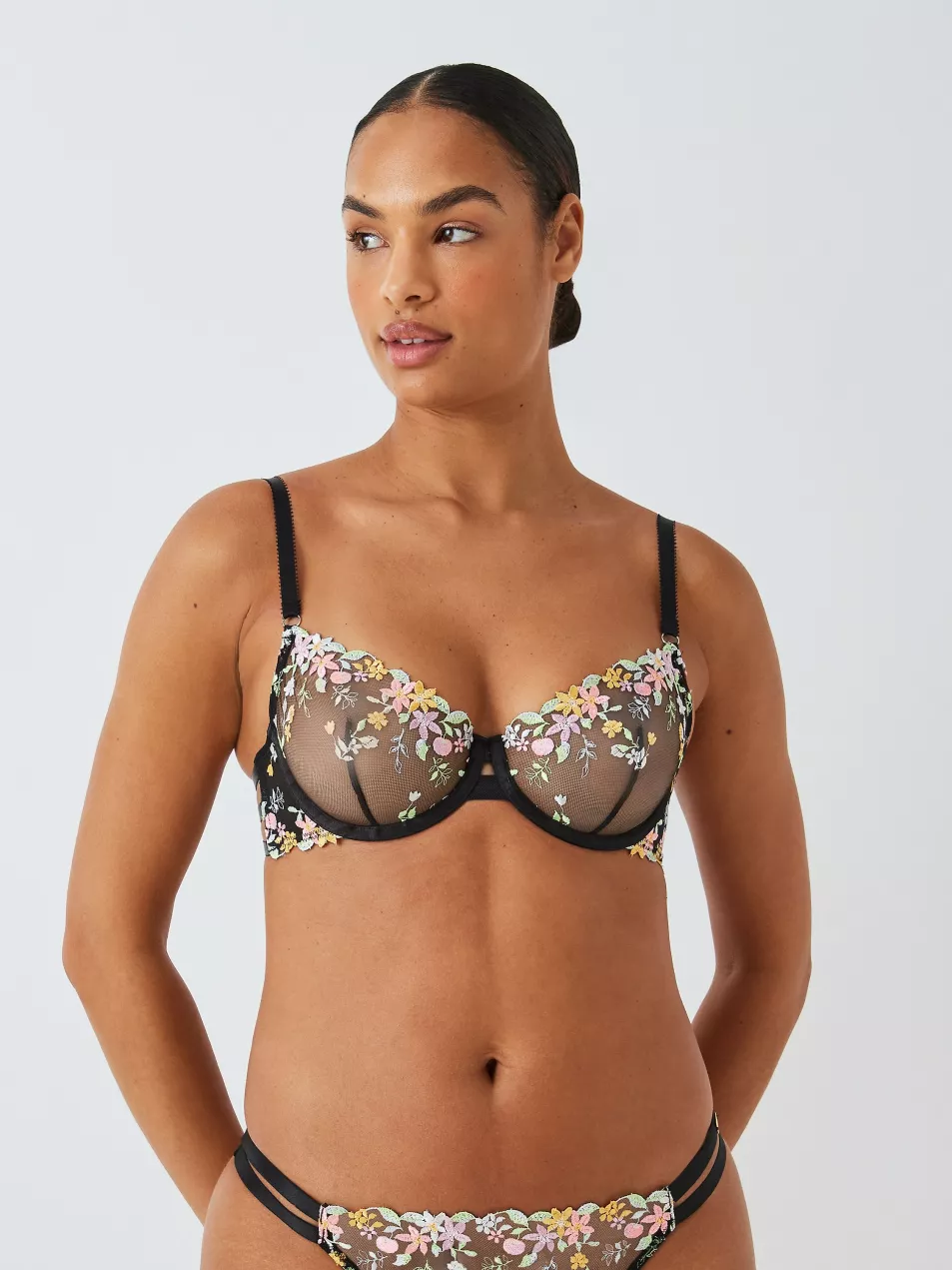 AND/OR Alexis Floral Embroidered Balcony Bra, Black/Multi, John Lewis