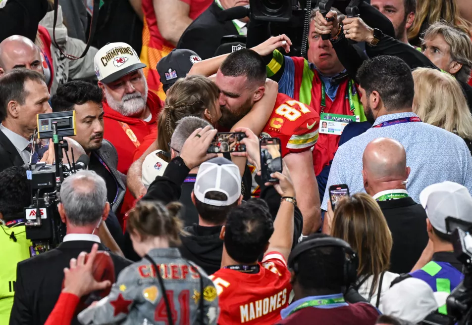 Kansas City Chiefs tight end Travis Kelce with Taylor Swift following his sides Super Bowl LVIII victory against the San Francisco 49ers at the Allegiant Stadium, Las Vegas, Nevada, USA. Picture date: Sunday February 11, 2024.