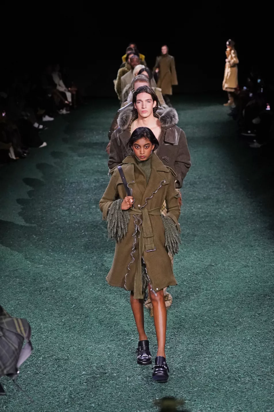 Models on the catwalk during the Burberry show in Victoria Park, east London, during London Fashion Week 2024. Picture date: Monday February 19, 2024.