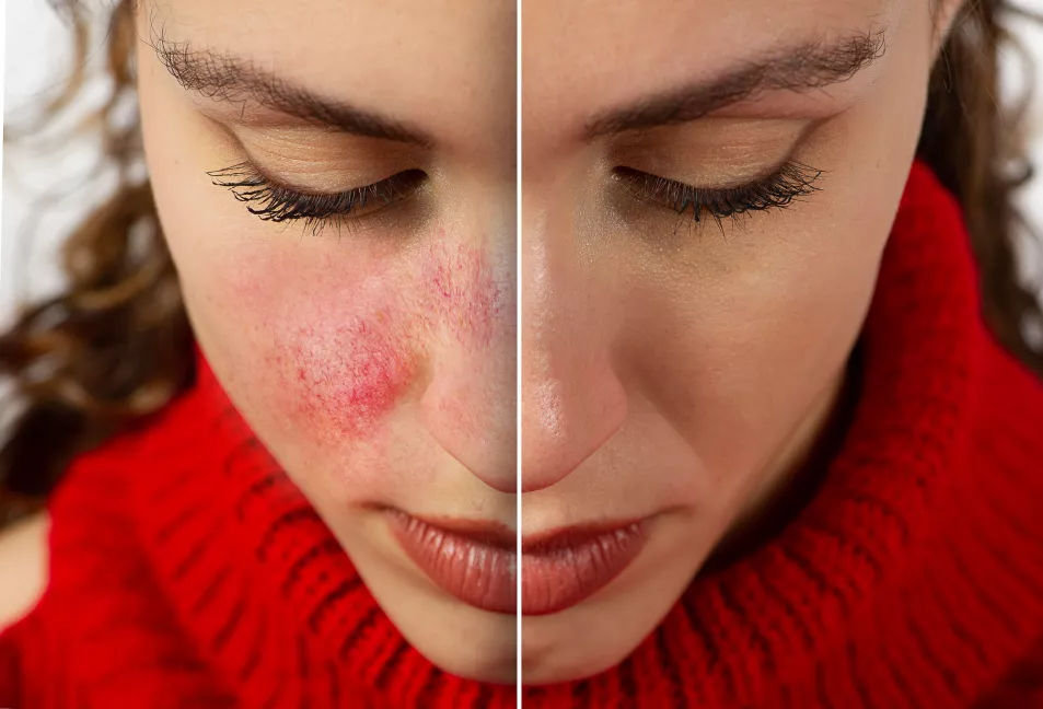 A close up view on the cheeks of a young Caucasian woman suffering from acneiform rosacea