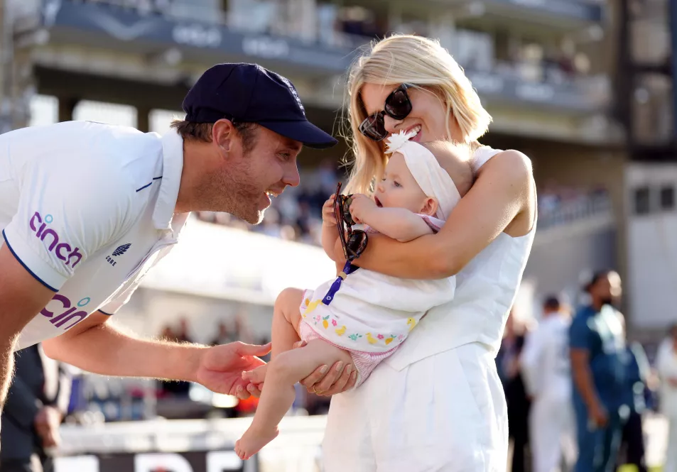 Cricketer Stuart Broad and his fiancee Mollie King and their daughter Annabella at The KiaOval in 2023 (John Walton/PA)
