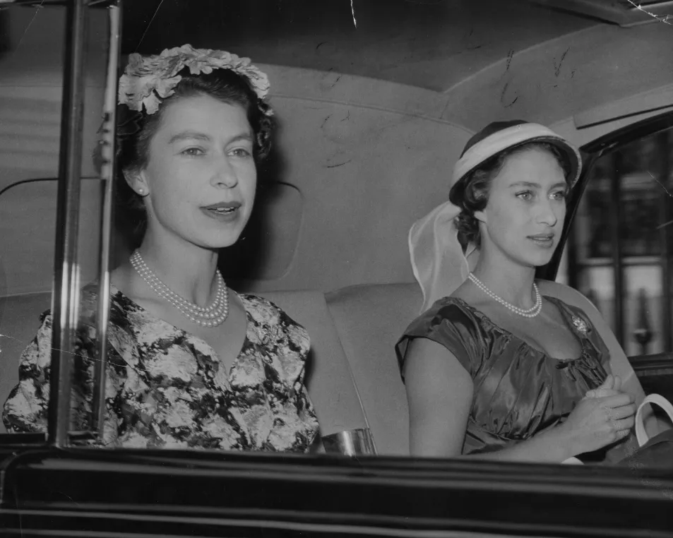 The late Queen (L) and Princess Margaret in 1955