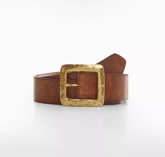 Brown leather belt with gold square buckle