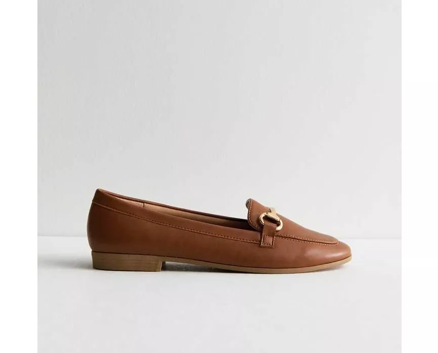 Tan brown leather loafers with gold buckle detailing