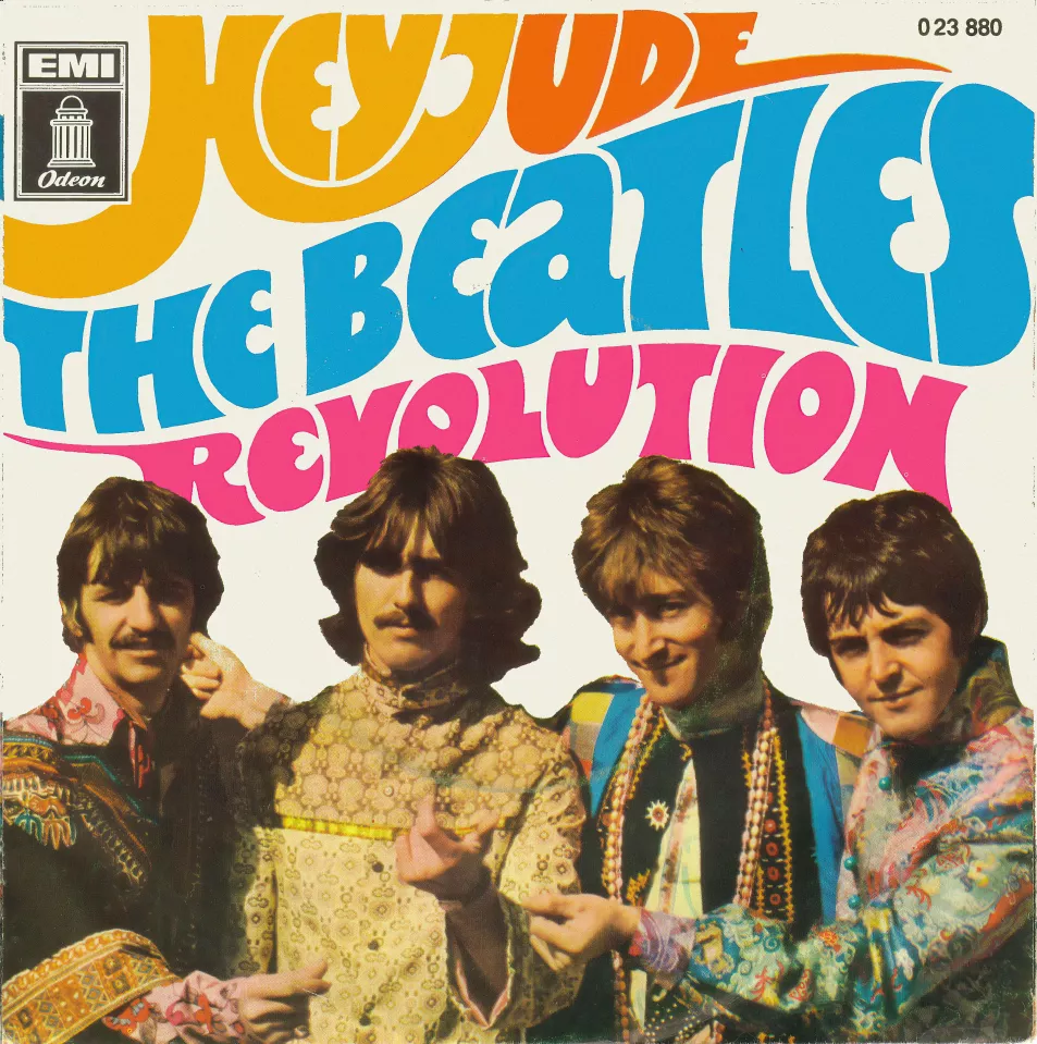 Vintage album cover of Hey Jude featuring The Beatles dressed in colourful Eastern-inspired garments