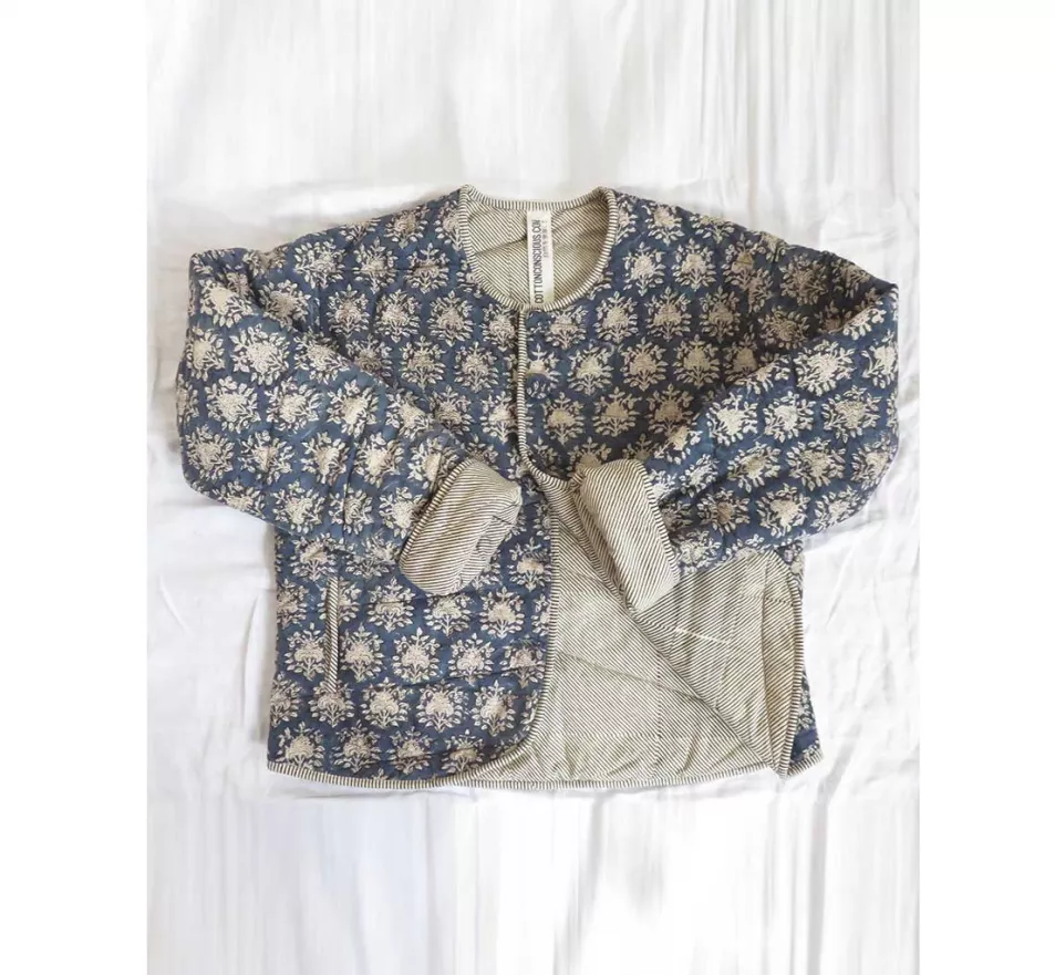 Cream and navy and grey block print cotton quilted jacket