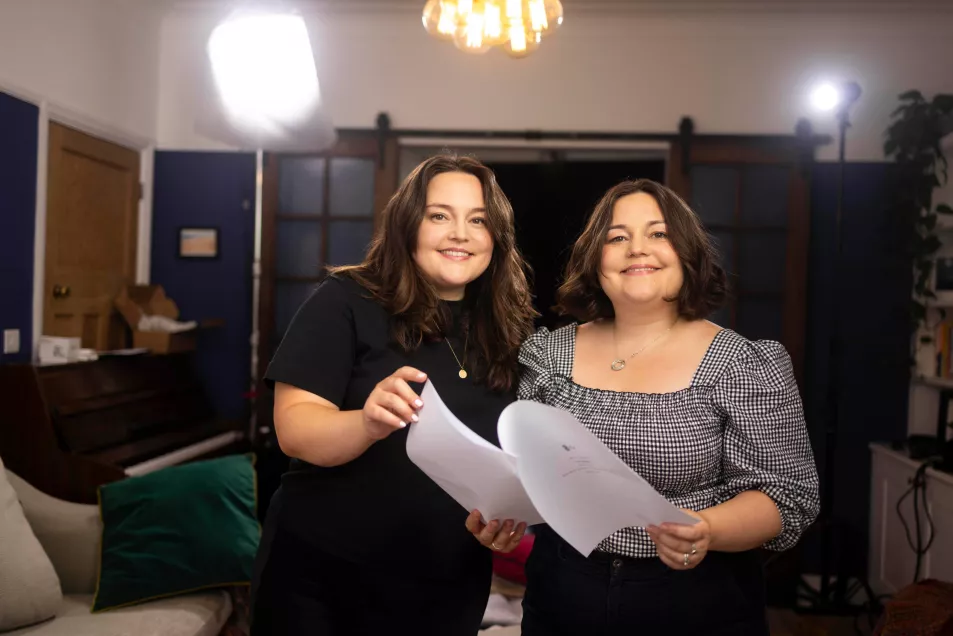 Jessica and Henrietta on the set of The Search 