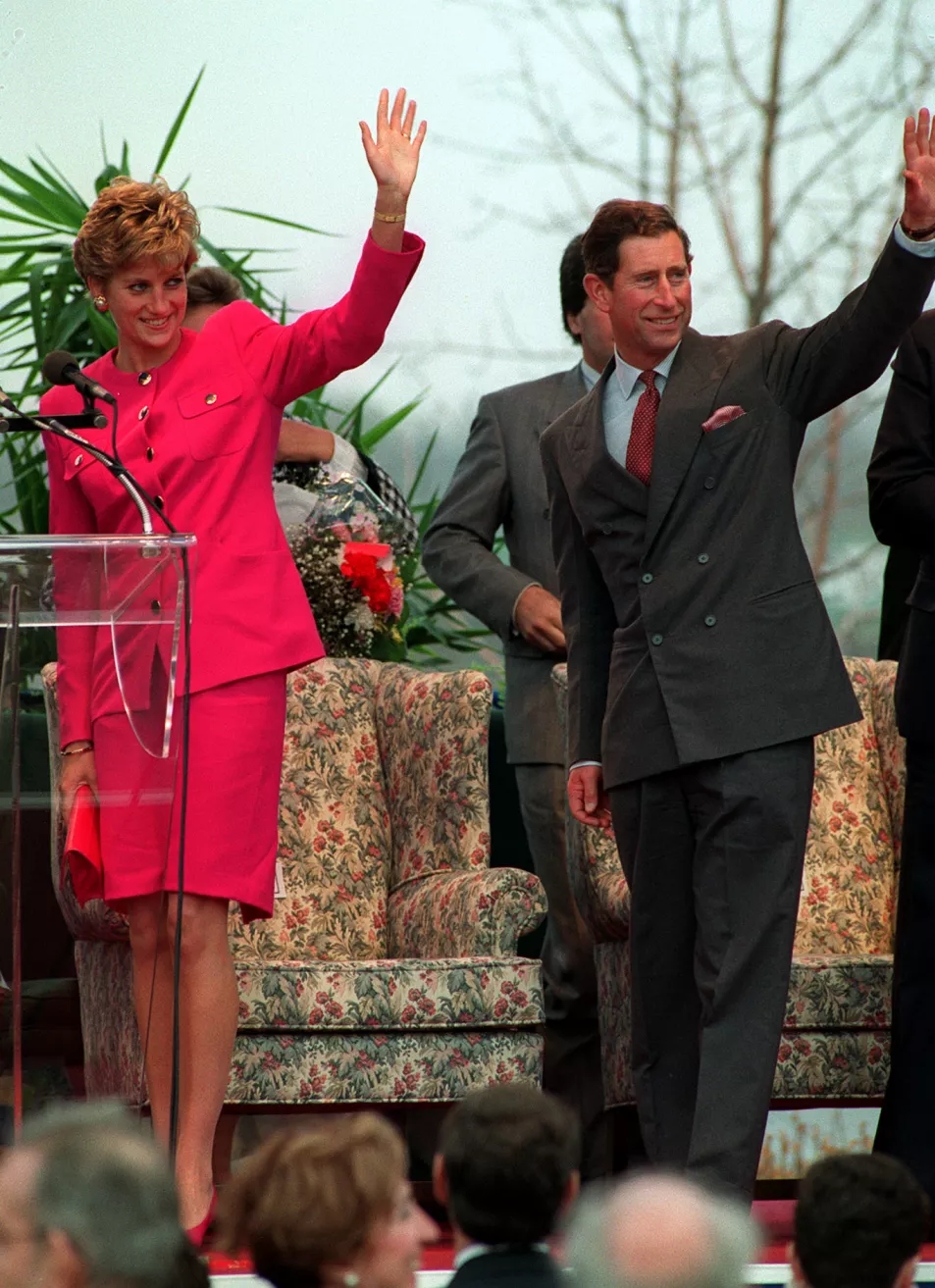 Diana and Charles wave on stage at Sudbury